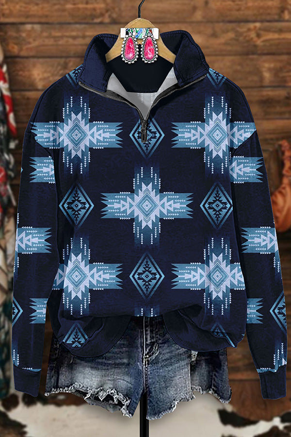 Retro Western Aztec Print Zip-Up Sweatshirt