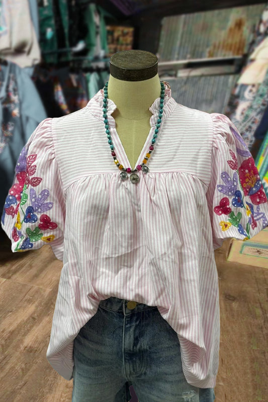 Striped V-Neck Floral Embroidered Puff Sleeve Top