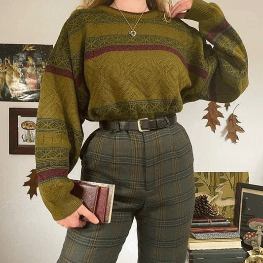 Women's Vintage Geometric Pattern Striped Ethnic Style Print Round Neck Oversize Olive Green Sweatshirt