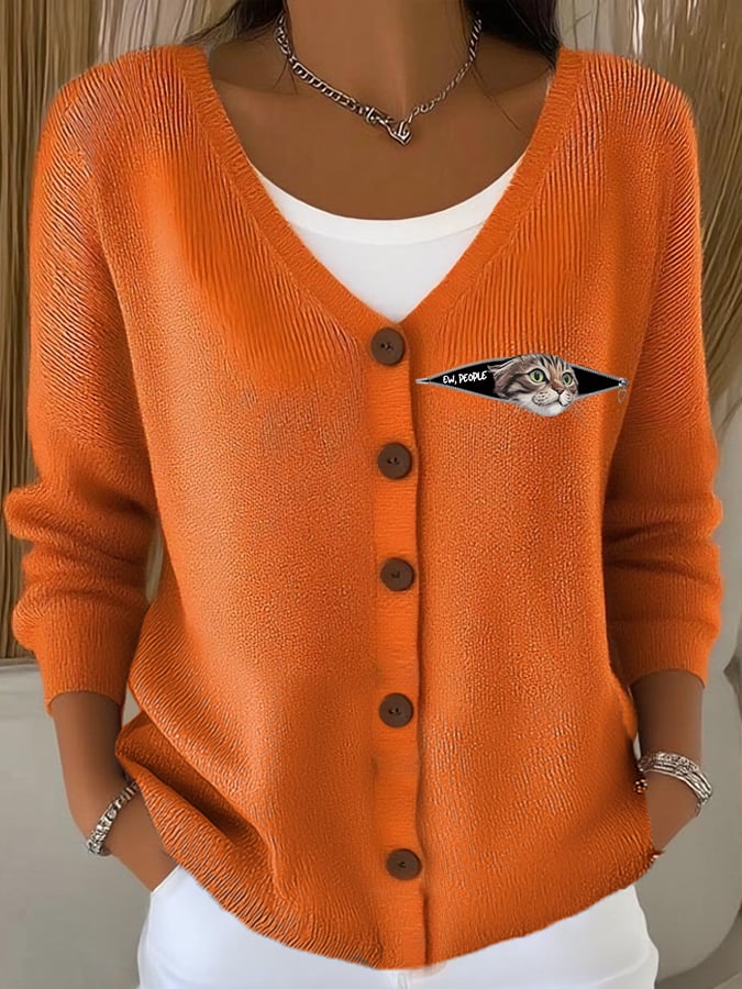 Women's Ew People Cat Print Casual Knitted Cardigan