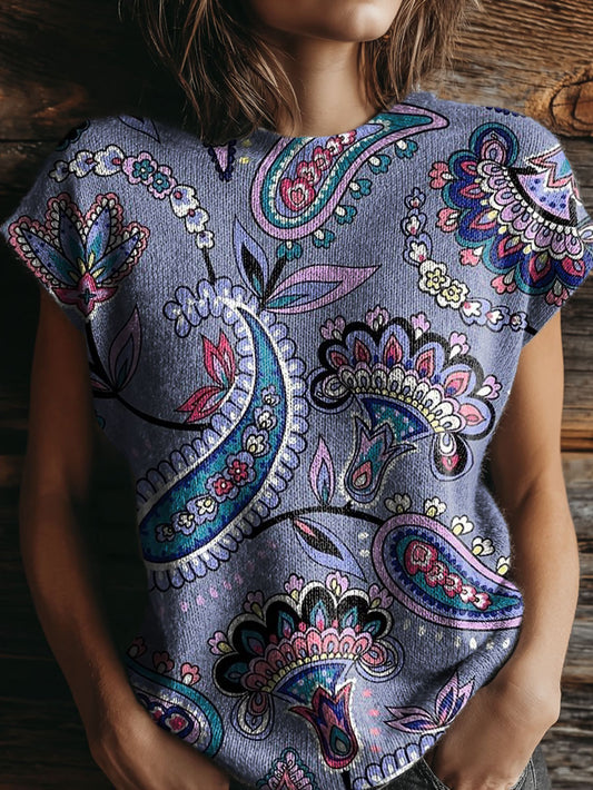 Women's Purple Ethnic Paisley Art Print Casual Crew Neck Short Sleeve Knitted Sweater