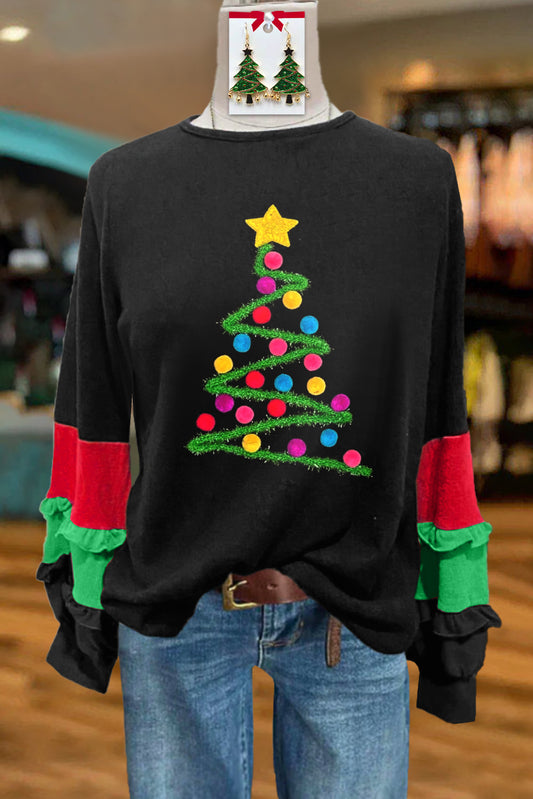 Glitter Christmas Tree Panel Sleeve Top