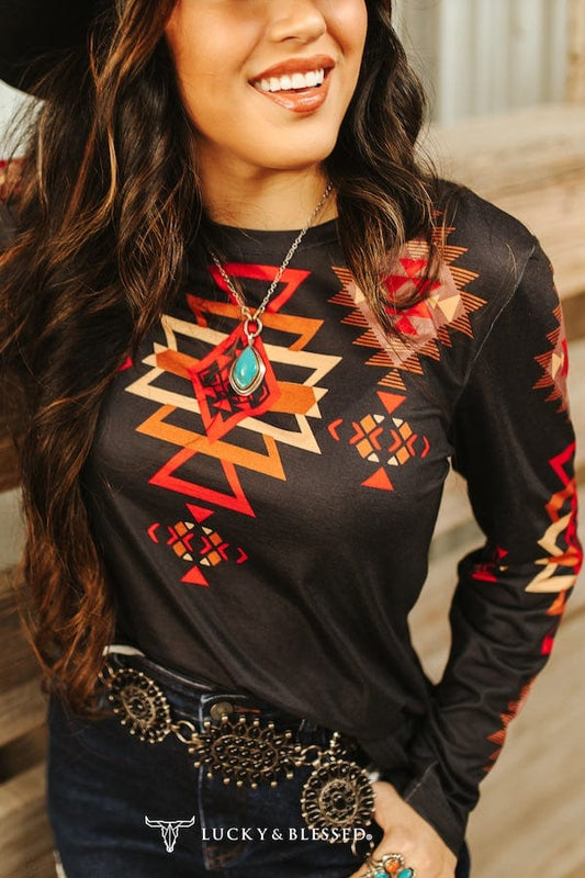 Black Aztec Printed Long Sleeve Top