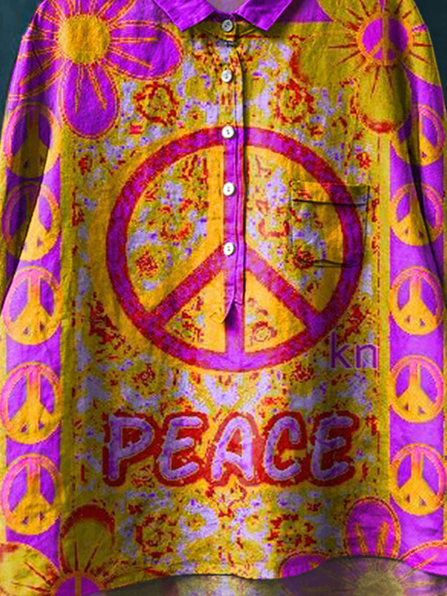 Vintage Peace And Love Art Print Casual Cotton And Linen Shirt