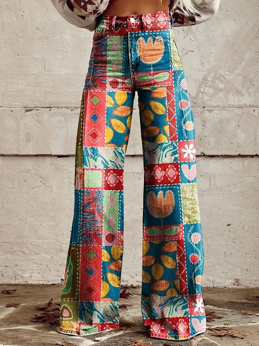 Women's Retro Pattern Print Casual Wide Leg Pants