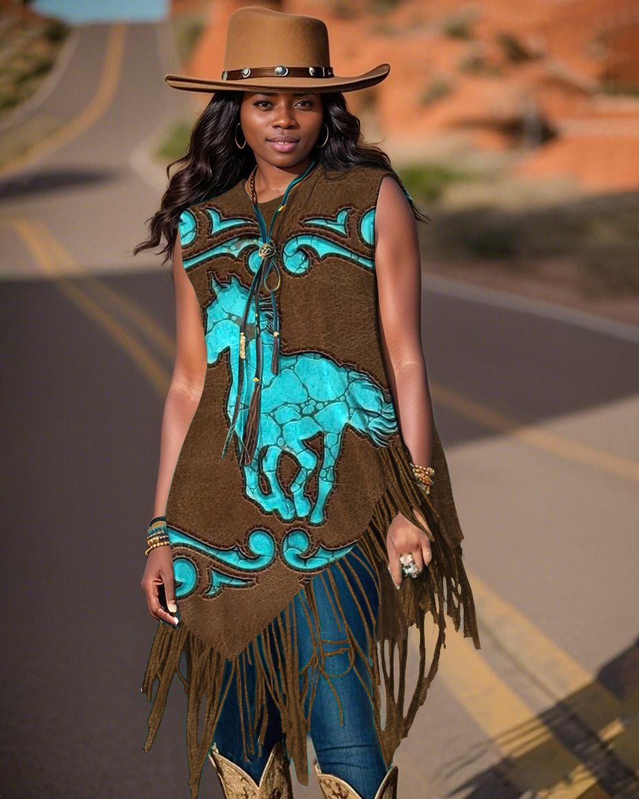 Crew Neck Sapphire Horse Print Tassel Irregular Vest