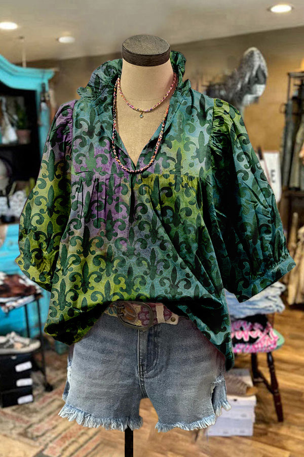 Unique Mardi Gras Print Puff Sleeve Blouse