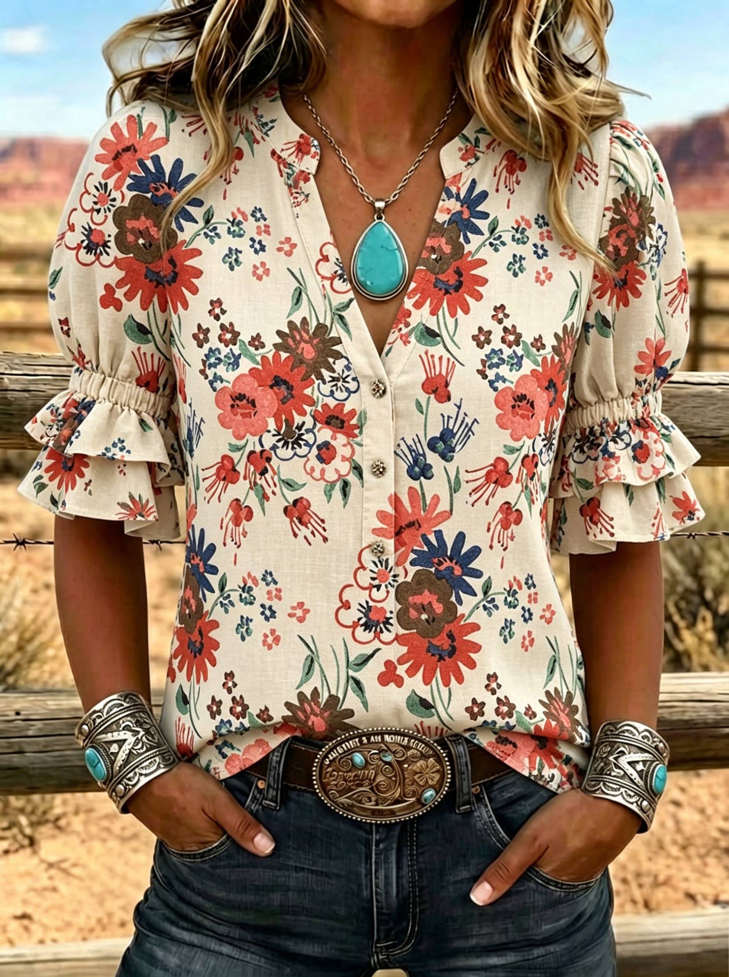 Women's Floral Print Puff Sleeve Casual Shirt