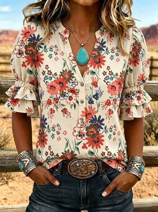 Women's Floral Print Puff Sleeve Casual Shirt