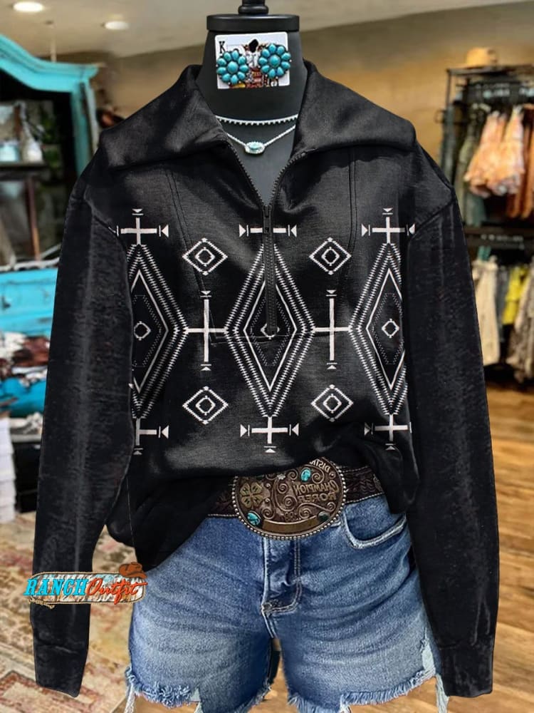 Vintage Print Casual Long Sleeve Zip Sweatshirt