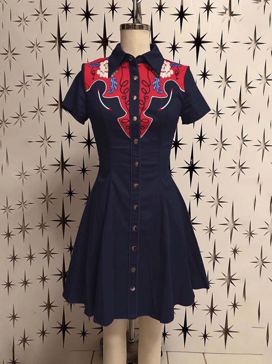 Western Vintage Flower Printed Shirt Dress