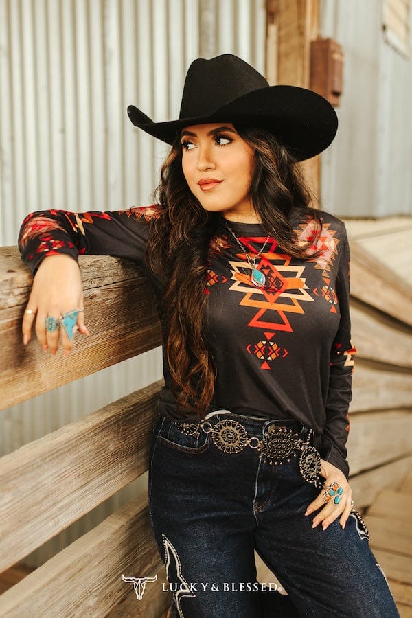 Black Aztec Printed Long Sleeve Top