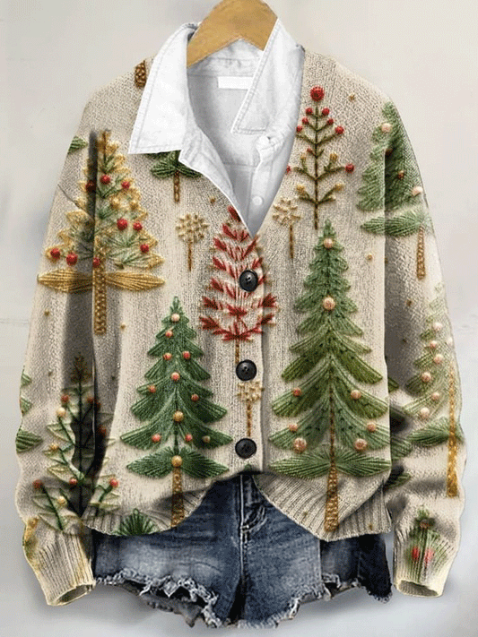 Christmas Tree 3D Art Print Buttoned V-neck Cardigan Sweater