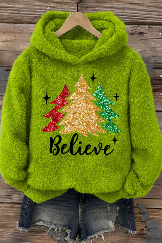 Women's Christmas Green Plush Art Hoodie