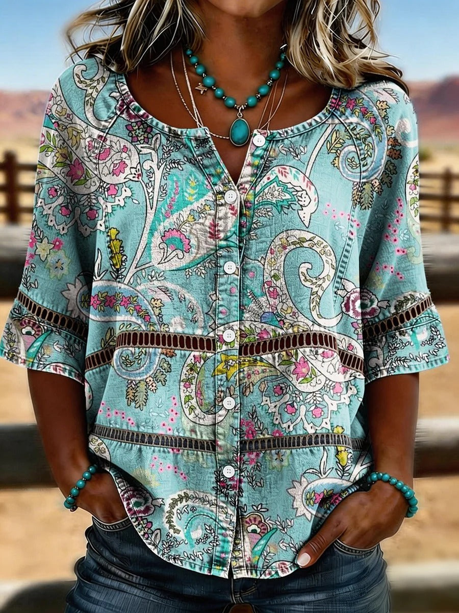Vintage Floral Print Casual Hollow-Out Denim Shirt