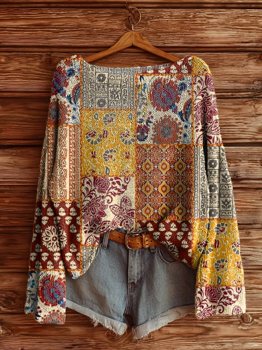 Women's Vintage Ethnic Floral Art Print Casual Pullover Sweater