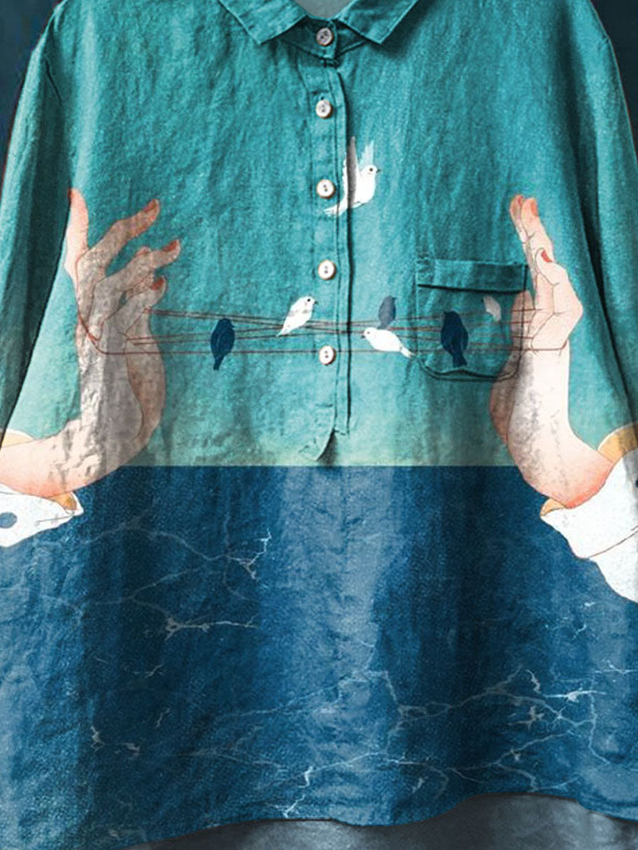 Vintage Lovely Peace Dove Art Print Casual Cotton And Linen Shirt