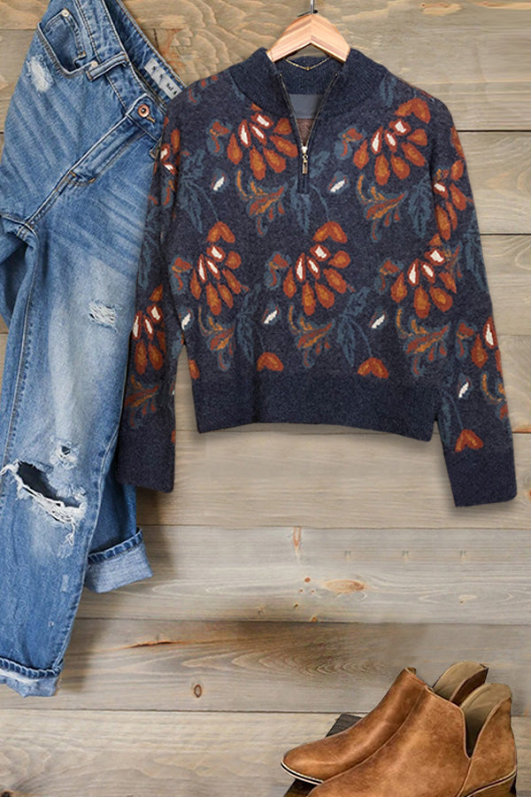 Soft Comfy Floral Quarter Zip Knit Sweater