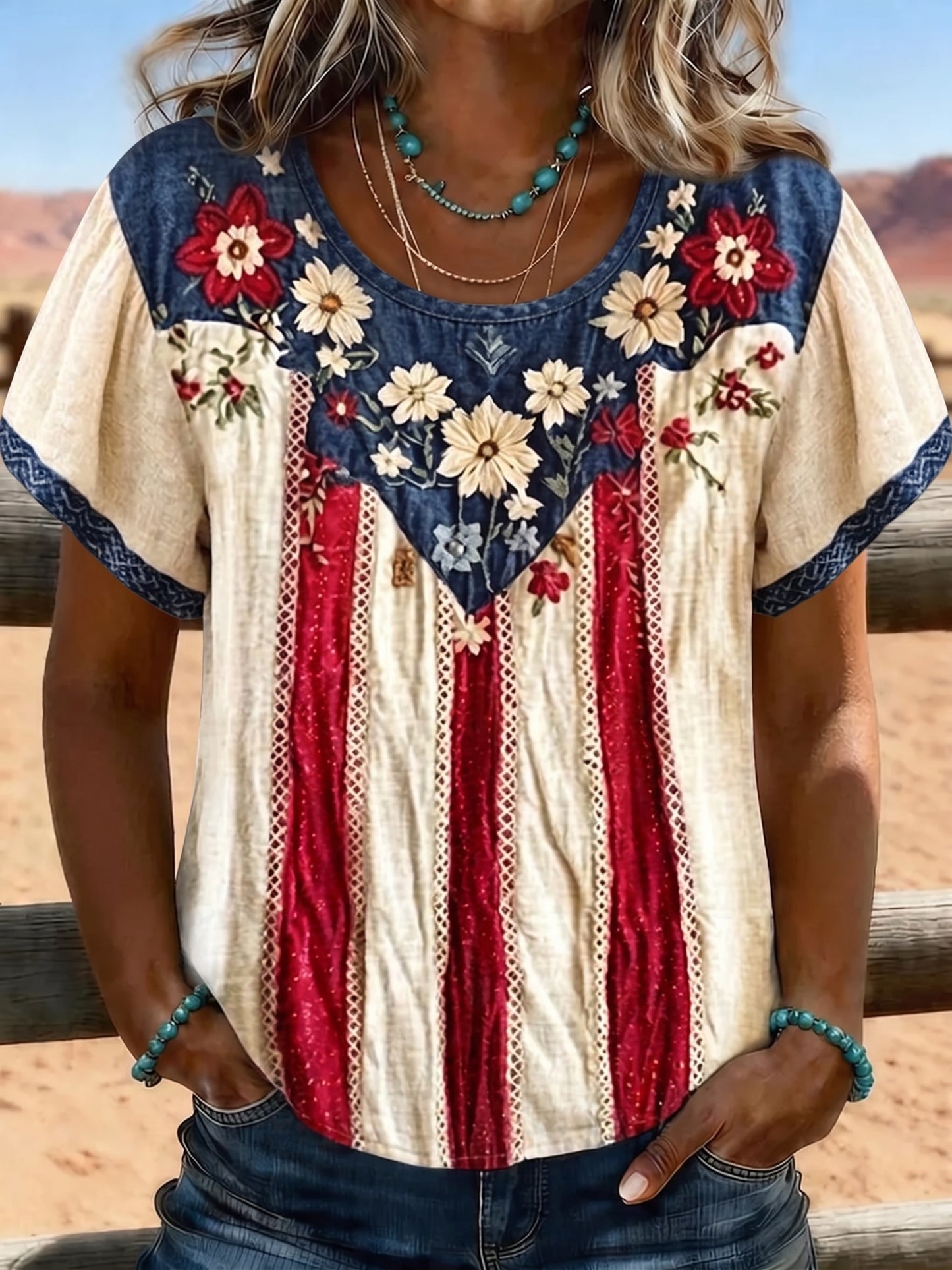 Women's Vintage American Flag Striped Floral Embroidered V-Neck Top