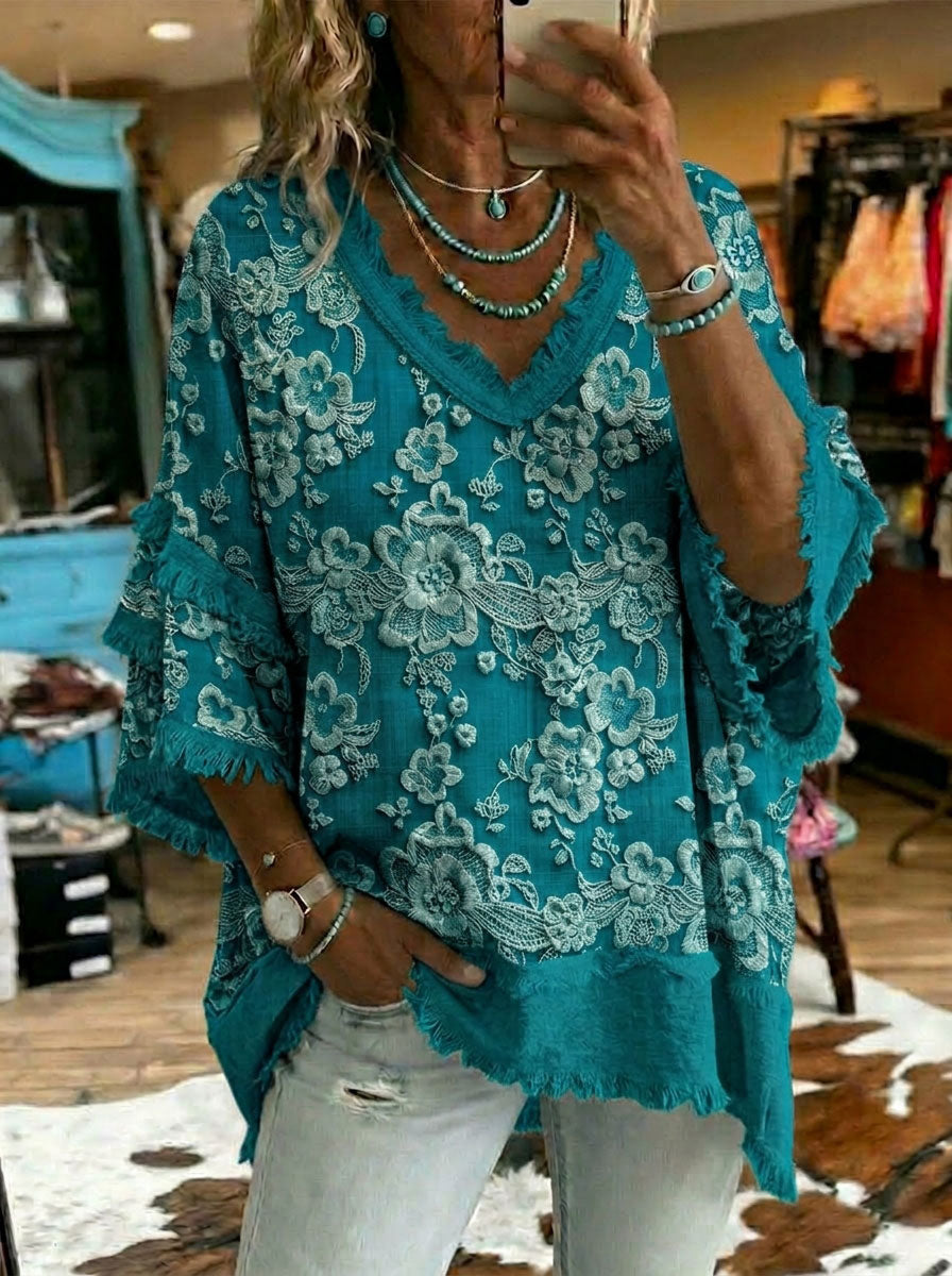 Vintage Floral Print Patchwork Cotton And Linen Shirt