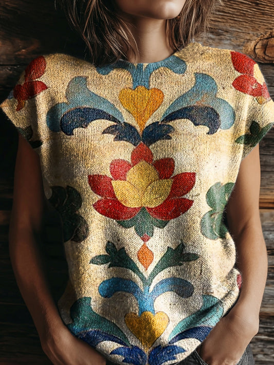 Women's Retro Ethnic Flowers Print Casual Crew Neck Short Sleeve Knitted Sweater