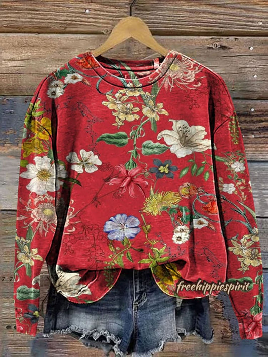 Vintage Floral Print Casual Sweatshirt
