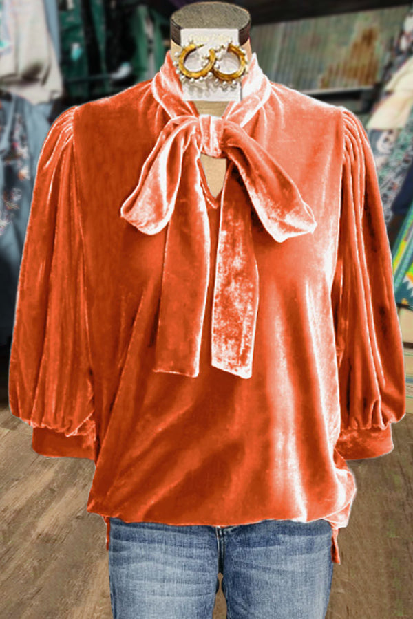 Velvet Bow Tie Puff Sleeve Top