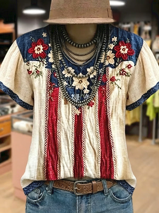 Women's Vintage American Flag Striped Floral Embroidered V-Neck Top