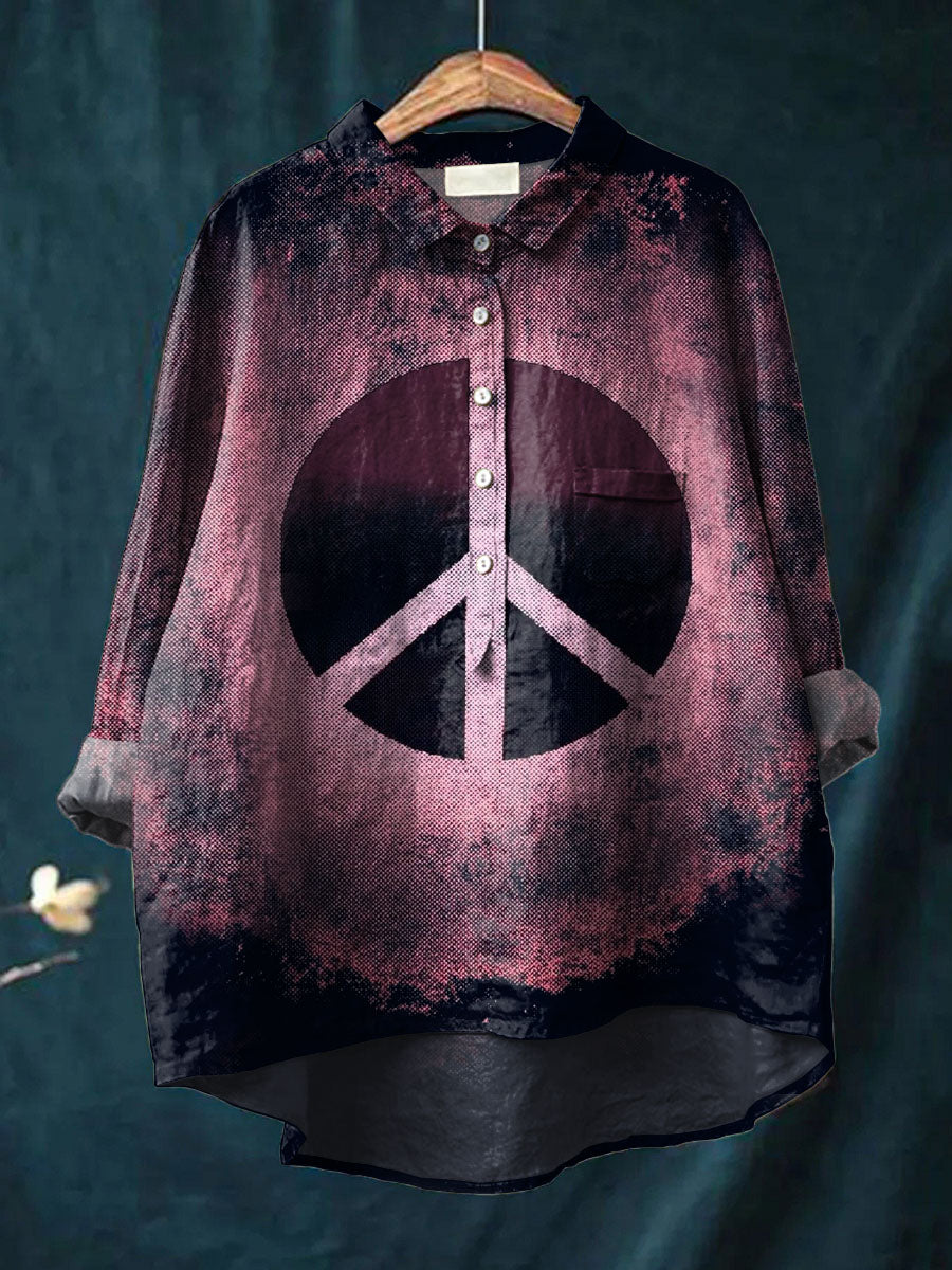 Women's Purple Background with Anti-war Peace Sign Print Casual Cotton And Linen Shirt