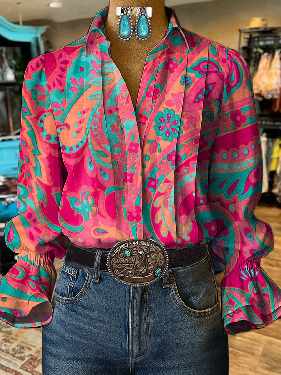 Vintage Paisley Print Casual  Cotton And Linen Shirt