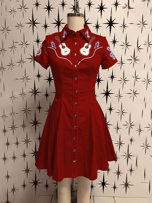 Vintage Music Guitar Printed Shirt Dress