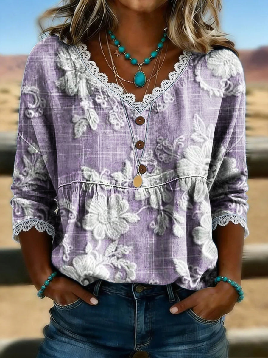 Women's Vintage Floral Print Casual Hollow-Out Denim Shirt