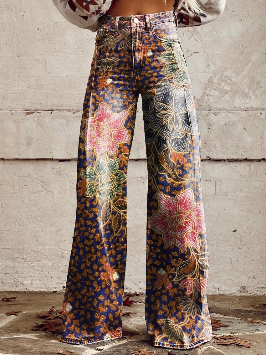 Women's Retro Pattern Print Casual Wide Leg Pants