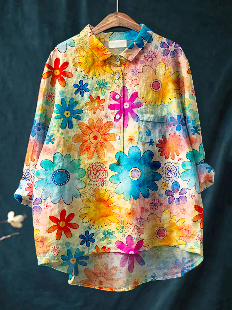 Women's Vintage Love And Peace Flower Art Print Casual Cotton And Linen Shirt