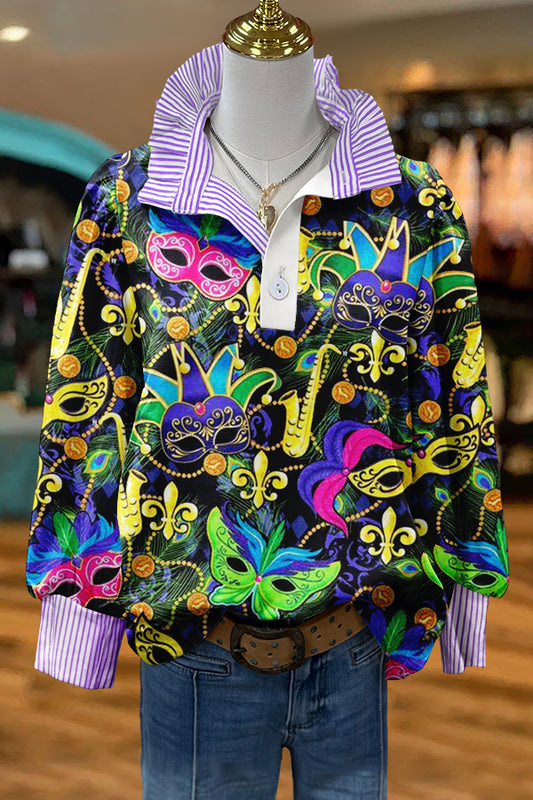 Unique Mardi Gras Print Puff Sleeve Blouse