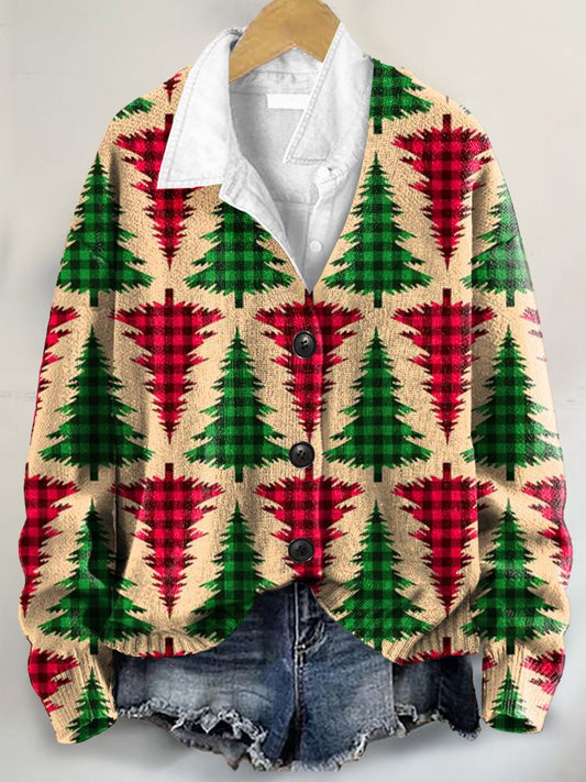 Christmas Tree Art Print Buttoned V-neck Cardigan Sweater