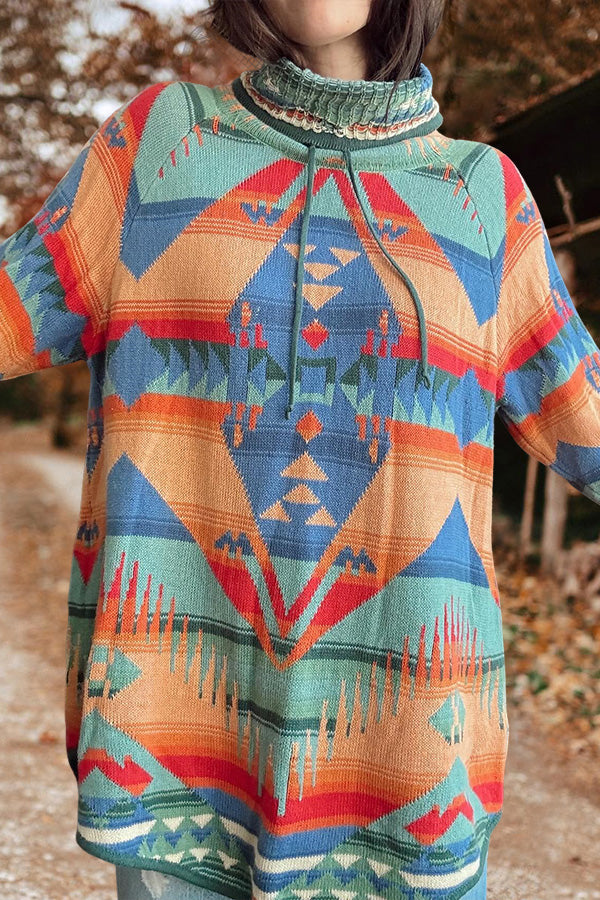 Turtleneck Drawstring Aztec Print Top