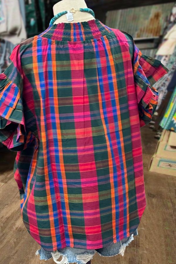 Colorful Plaid Flutter Sleeve Top