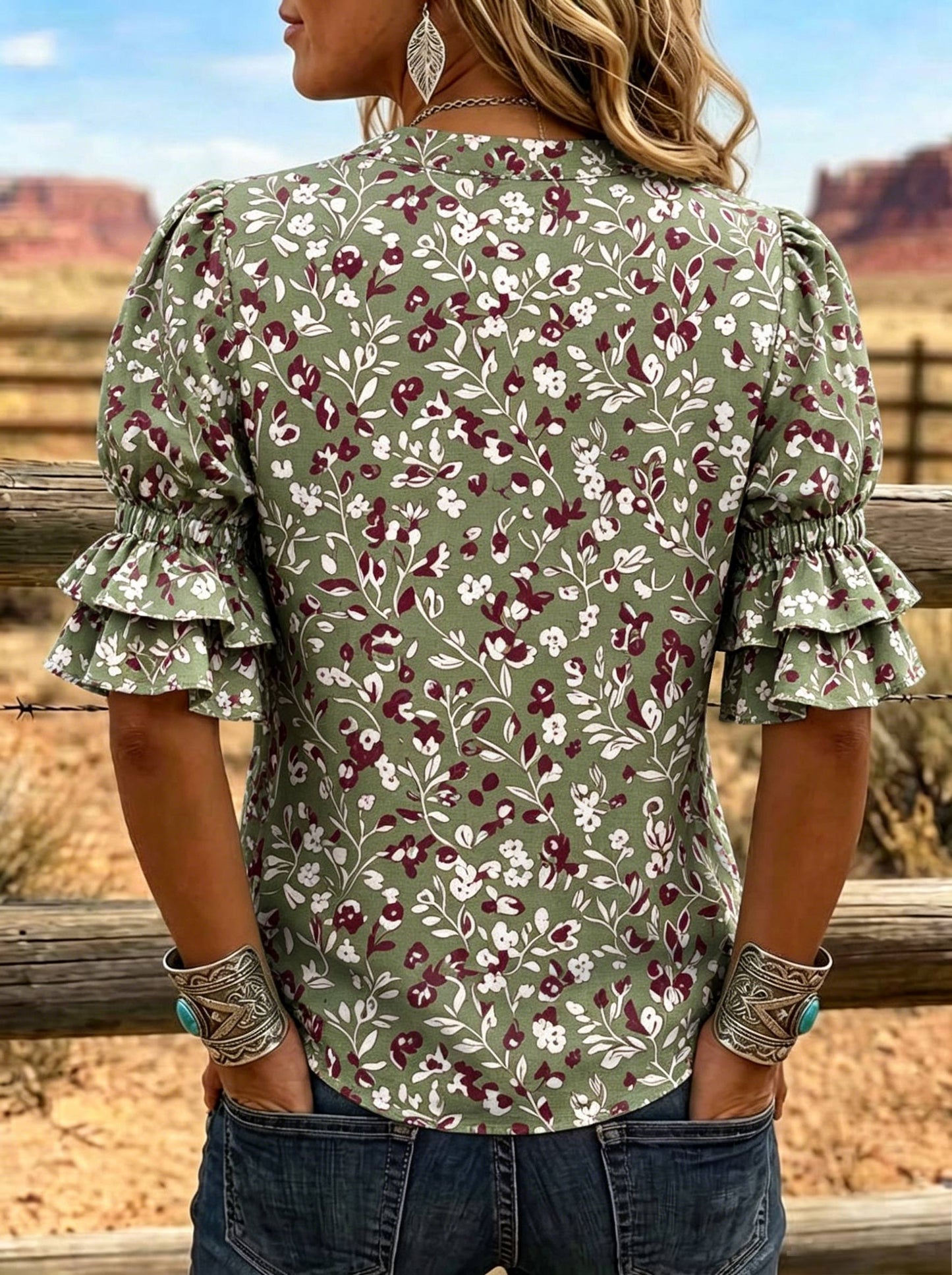 Women's Floral Print Puff Sleeve Casual Shirt