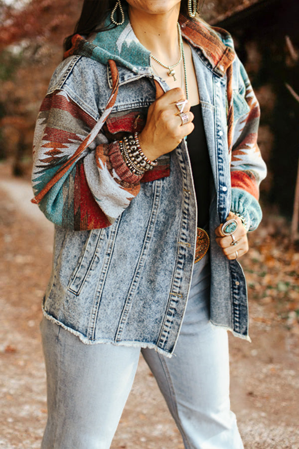 Vintage Aztec Print Patchwork Denim Jacket