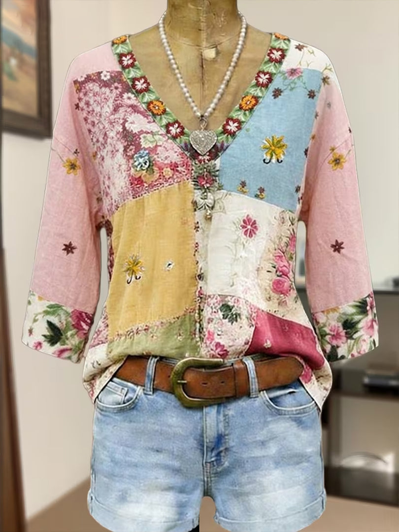Women's Vintage Floral Print Patchwork Casual Shirt