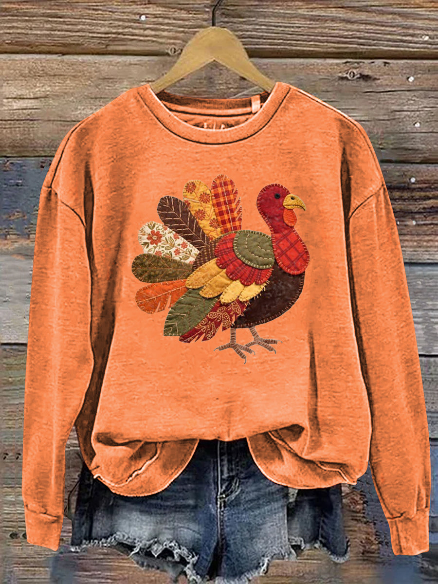 Vintage Patchwork Turkey Print Casual Cotton Sweatshirt