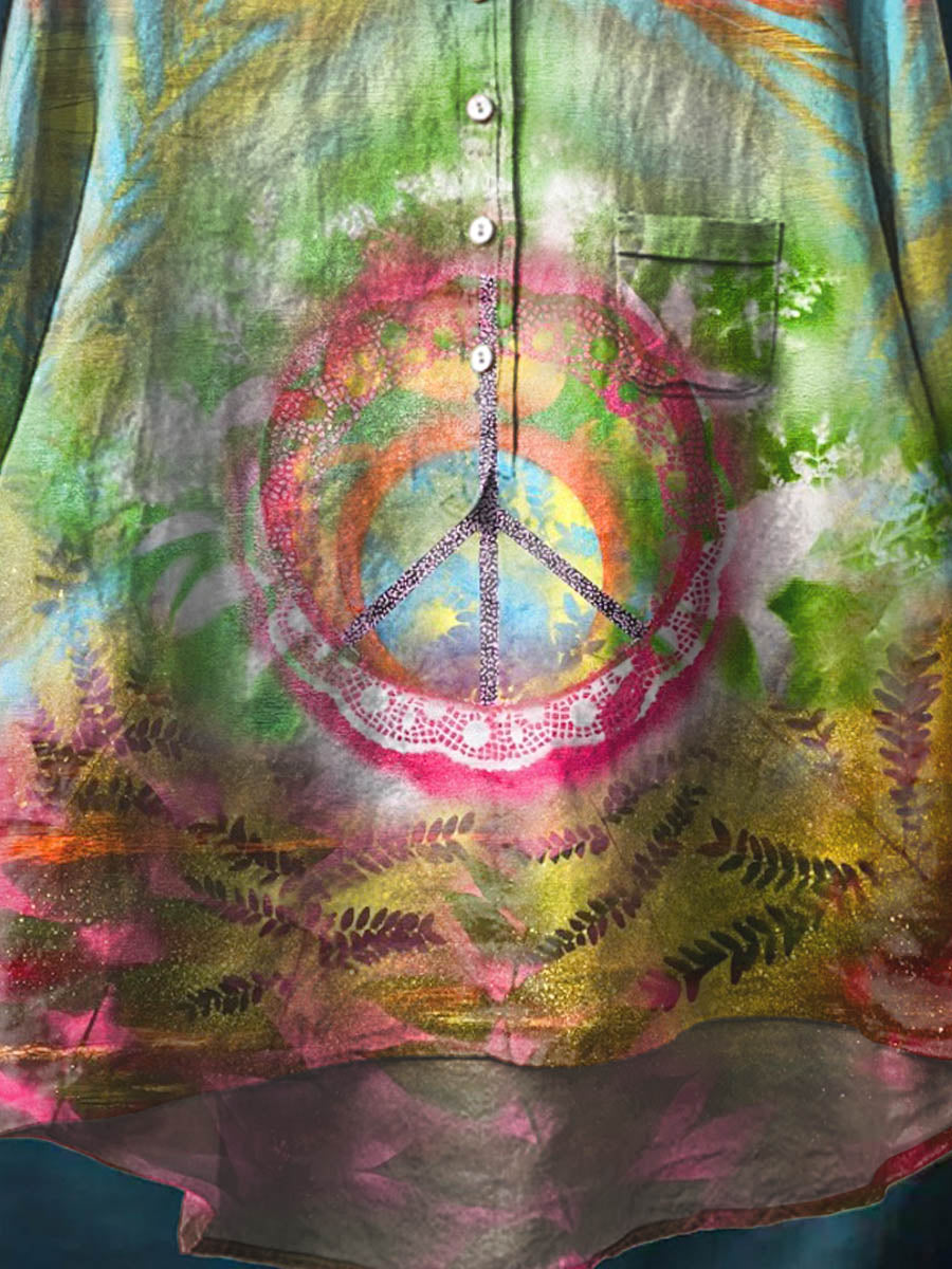 Women's Retro Peace Art Pattern Print Casual Cotton And Linen Shirt