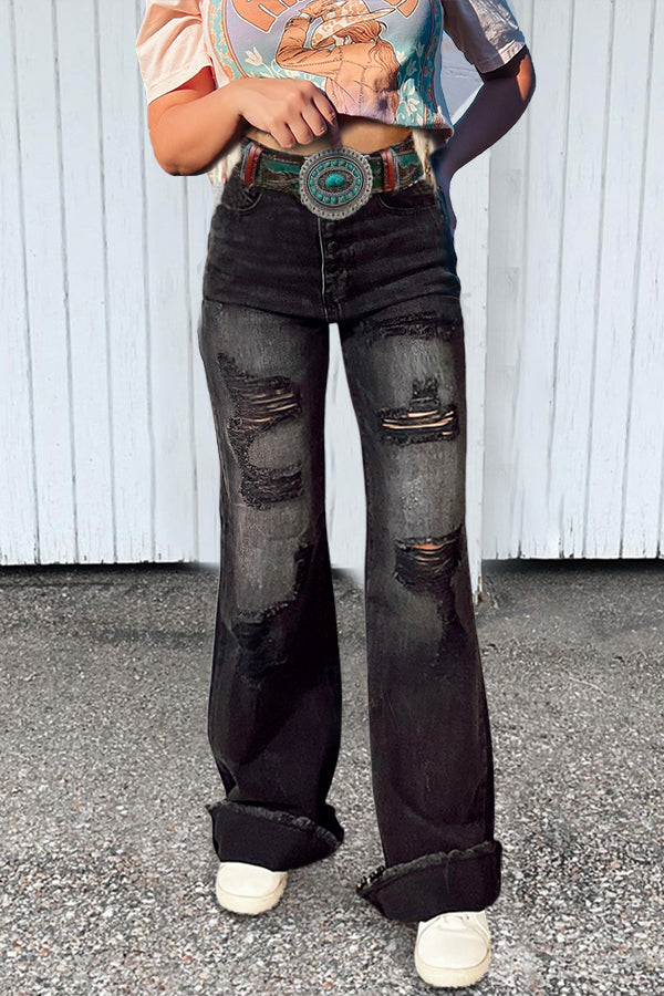 Vintage Wash Distressed Wide-Leg Jeans