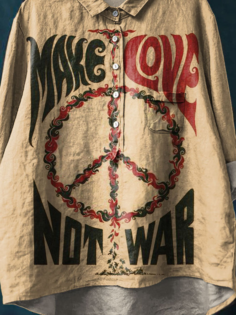 Make Love Not War Peace And Love Art Print Casual Cotton And Linen Shirt