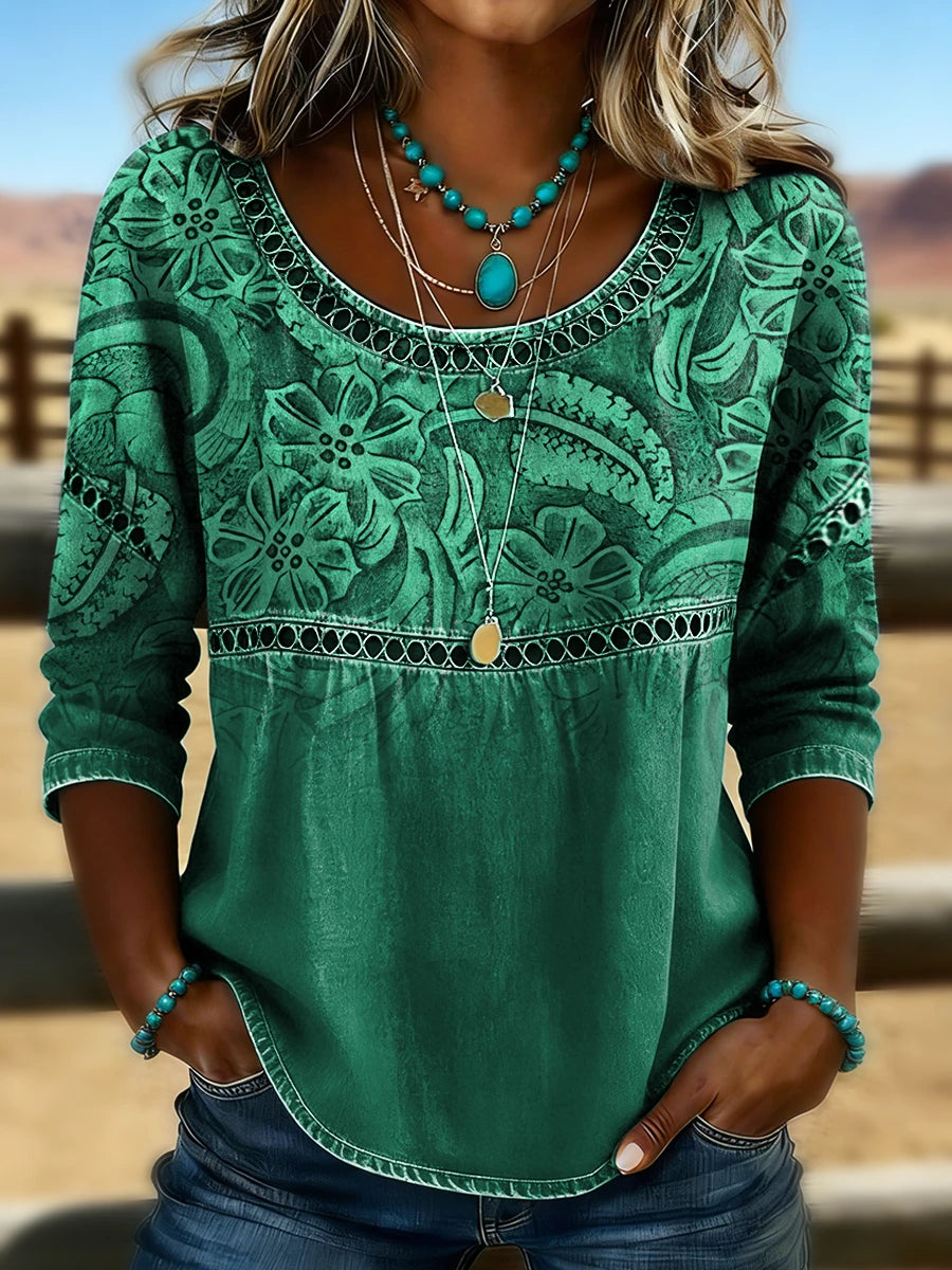 Retro Floral Print Casual Hollow Denim Shirt