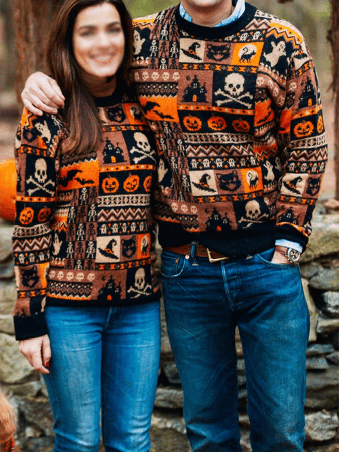 Unisex Halloween Multi-Element Patchwork Casual Sweater