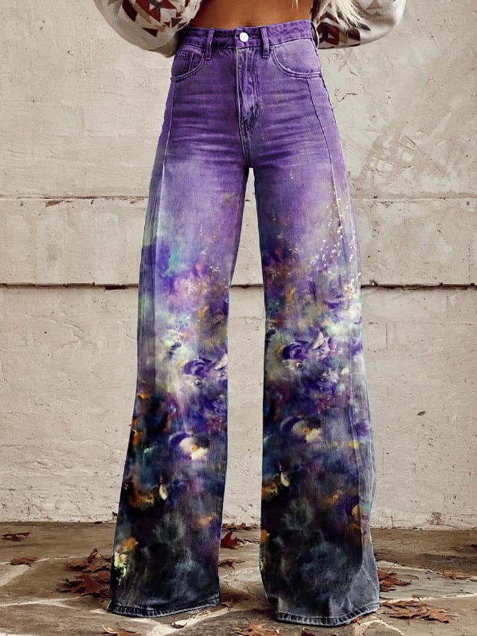 Women's Vintage Oil Painting Floral Wide Leg Pants