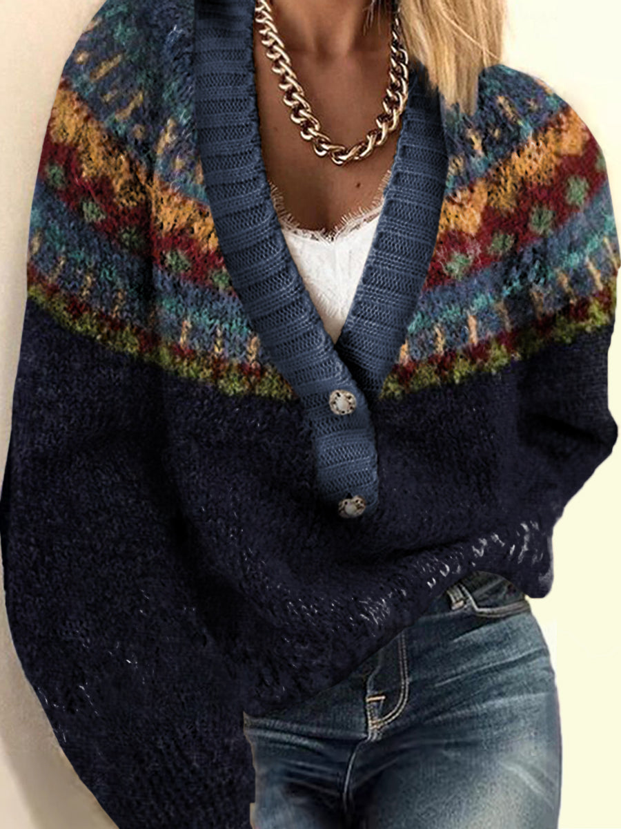 Women's Retro Ethnic Print Casual V-neck Pullover Knit