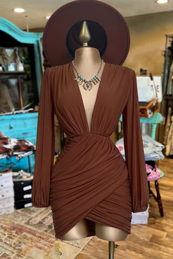 Beautiful Deep V Neck Pleated Long Sleeve Dress